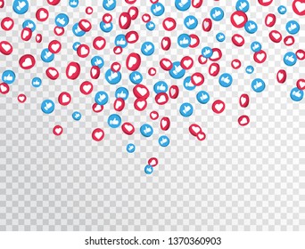 Like and thumbs up icons falling on transparent background. 3d social network symbol. Counter notification icons. Social media elements. Emoji reactions. Vector illustration.