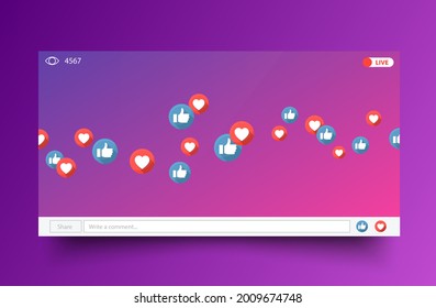 Like and thumbs up icons flying on template. Social media elements. 3d social network symbol. Counter notification icons frame. Emoji reactions. Vector illustration.