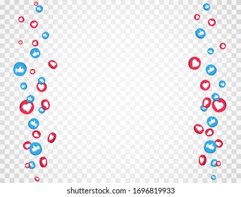 Like and thumbs up icons frame. Social media elements falling on transparent background. 3d social network symbol. Counter notification icons frame. Emoji reactions. Vector illustration.