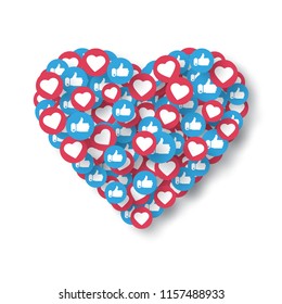 Like, thumbs up icons in heart shape. Social media elements isolated on white background. Social network symbol. Vector illustration.