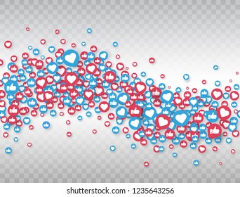 Like and thumbs up icons isolated on transparent background. Social value. Likes in wave shape. Counter notification element. Social media elements. Emoji reactions. Feedback. Vector illustration.