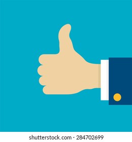 Like thumbs up. Hand in a suit. Isolated on a blue background. Vector illustration.