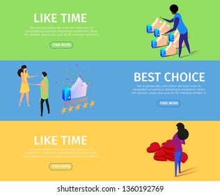 Like Time and Best Choice Horizontal Banner Set with Copy Space. Girl Stand near of Hearts Heap, Man and Woman Couple Shaking Hands, Thumb Up and Five Stars. 3d Flat Vector Isometric Illustration.
