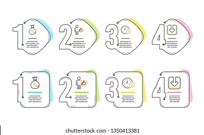 Like, Time and Loan icons simple set. Load document sign. Thumbs up, Remove alarm, Money bag. Download arrowhead. Technology set. Infographic timeline. Line like icon. 4 options or steps. Vector