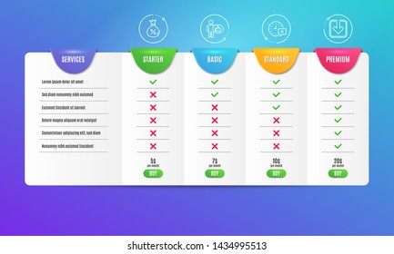 Like, Time and Loan icons simple set. Comparison table. Load document sign. Thumbs up, Remove alarm, Money bag. Download arrowhead. Technology set. Pricing plan. Compare products. Vector