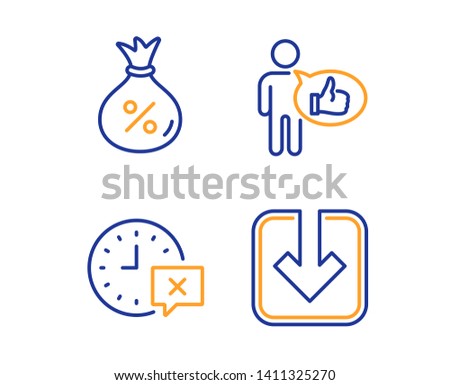 Like, Time and Loan icons simple set. Load document sign. Thumbs up, Remove alarm, Money bag. Download arrowhead. Technology set. Linear like icon. Colorful design set. Vector