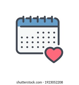 Como el icono de la línea de color del horario. Calendario con el símbolo colorido del contorno del vector del corazón.
