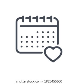 Como el icono de la línea de horarios. Calendario con signo de contorno del vector del corazón.