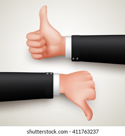 Like and Unlike Hand Gesture or Thumbs Up and Thumbs Down Hands of Professional Man in 3D Realistic Vector Illustration
