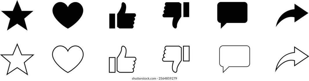 Like unlike Share comment and love heart icon buttons isolated on transparent background. Like button, thumb up, love and heart, comment, repost and share icon button. Vector flat and line collection