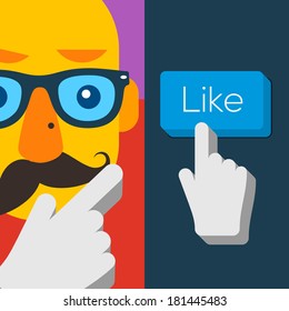 Like us Button with Hand Shaped Cursor, and funny face, vector image. 