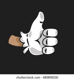 Up like vector icon; Yes; Cartoon thumbs up in white glove; Hand gesture isolated in dark grey background