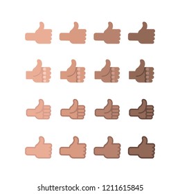 Like vector icons, positive reaction, all skin tones, thumbs up collection