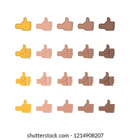 Like vector icons, positive reaction, all skin tones, thumbs up collection