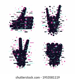 Like vector icons set with human hands. Social media icons collection. Glitch style vector signs.