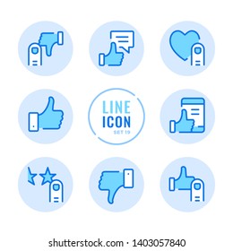 Like vector line icons set. Like, dislike, thumbs up, thumbs down, customer satisfaction, recommend outline symbols. Modern simple stroke graphic elements. Round icons