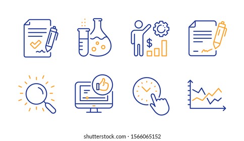 Like video, Chemistry flask and Signing document line icons set. Search, Time management and Approved agreement signs. Employees wealth, Diagram chart symbols. Thumbs up, Laboratory. Vector