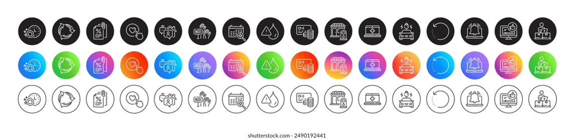 Video Como Botones de degradado de iconos redondos. Paquete de tarjeta, almacenamiento en línea, icono de la estación de llenado. Calendario médico, carga del coche, pictograma del reciclaje. Vector