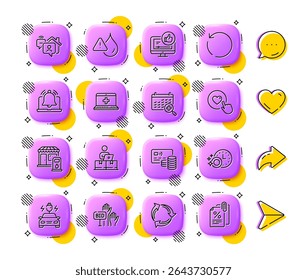 Like video, Dishwasher timer and Recovery data line icons. App 3d buttons. Social media comment, share, like icons. Pack of Card, Online storage, Filling station icon. Vector