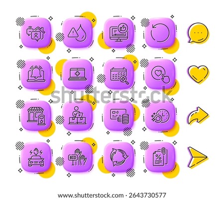 Like video, Dishwasher timer and Recovery data line icons. App 3d buttons. Social media comment, share, like icons. Pack of Card, Online storage, Filling station icon. Vector