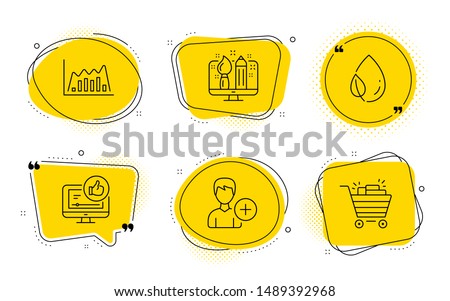 Like video, Infographic graph and Shopping cart signs. Chat bubbles. Leaf dew, Add person and Creative design line icons set. Water drop, Edit user data, Designer. Thumbs up. Business set. Vector
