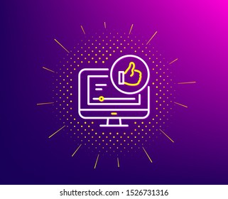 Like video line icon. Halftone pattern. Thumbs up sign. Positive feedback, social media symbol. Gradient background. Like video line icon. Yellow halftone pattern. Vector