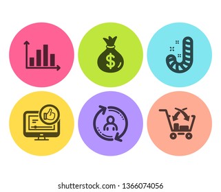 Like video, Money bag and Diagram graph icons simple set. User info, Candy and Cross sell signs. Thumbs up, Usd currency. Business set. Flat like video icon. Circle button. Vector