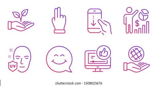 Like video, Smile face and Helping hand line icons set. Click hand, Seo statistics and Uv protection signs. Scroll down, Safe planet symbols. Thumbs up, Chat. People set. Vector