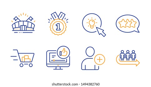 Like video, Stars and Add user line icons set. Sports arena, Shopping cart and Approved signs. Energy, Queue symbols. Thumbs up, Customer feedback. Business set. Line like video icon. Vector