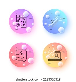 Like, Washing machine and Escalator minimal line icons. 3d spheres or balls buttons. Online chemistry icons. For web, application, printing. Thumb up, Repair service, Elevator. Lab flask. Vector