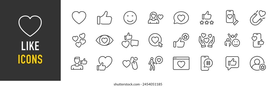 Como iconos web en estilo de línea. Corazón, pulgar arriba, calificación, medios sociales, Comentarios, positivo, apreciación, sonrisa, colección. Ilustración vectorial.