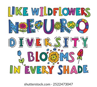 Like wildflowers neurodiversity blooms in every shade. Neurodivergent people concept. Diversity of human minds and experiences. Colorful poster, banner. Vector illustration. Landscape background