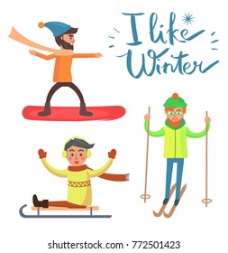 I like winter activities poster with man doing sport, snowboarder wearing long scarf, man on sled and skier, isolated on vector illustration