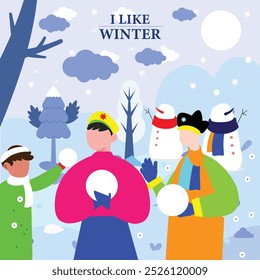 I like winter, banner with boy and girl standing together, males dressed in costume, isolated on raster illustration