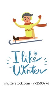 I like winter, placard with headline of blue color with lines and boy wearing long scarf and sweater, sitting on sled isolated on vector illustration