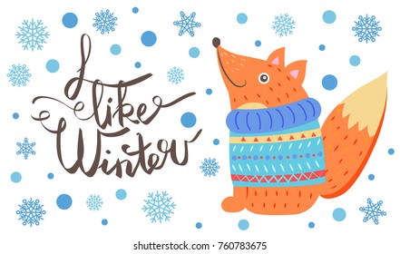 I like winter postcard with smiling fox in sweater icon isolated on snowflakes. Vector illustration with squirrel sitting in blue knitted warm clothes