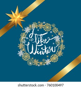 I like winter poster decorated by frame made of silver and golden snowflakes, gold ribbons with bow in corners, isolated on blue background vector