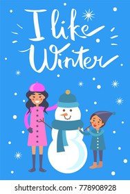 I like winter poster with mother and child making snowman vector illustration isolated on snow. Mom and son near funny winter creature made of ice