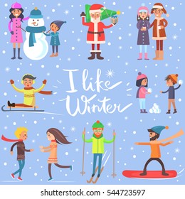 I like winter poster with sportive people enjoying snow on blue. Vector illustration of winter activities making snowmen and snow balls, drinking coffee, teaching skiing, ice-skate or snowboarding