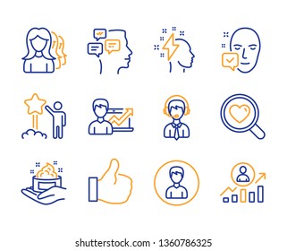 Like, Women headhunting and Success business icons simple set. Search love, Star and Person signs. Skin care, Face accepted and Messages symbols. Line like icon. Colorful set. Editable stroke. Vector
