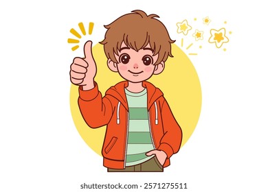 Like, yes. Toddler young teen boy raises thumbs up agrees with something or gives positive reply recommends advertisement likes good.