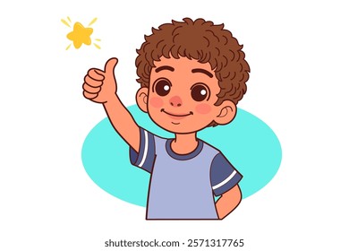 Like, yes. Toddler young teen boy raises thumbs up agrees with something or gives positive reply recommends advertisement likes good.