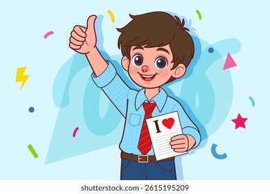 Like, yes. The young boy raises thumbs up agrees with something or gives positive reply recommends advertisement likes good.