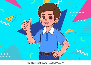 Like, yes. The young boy raises thumbs up agrees with something or gives positive reply recommends advertisement likes good.