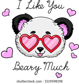 I like you beary much text. Cute panda in heartshaped glasses. Vector illustration isolated