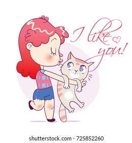 I like you! Cartoon happy girl kissing and strongly cuddling cat. Funny cartoon character. Vector illustration. Isolated on white background