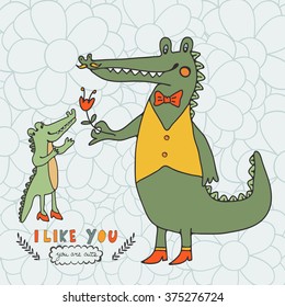 I like you. You are cute. Beautiful card with hand drawn crocodile characters. 