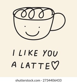 Me Gustas Un Latte. Taza de café sonriente linda con el corazón. Vector de contorno simple para pegatinas, tazas y regalos románticos