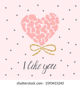 I like you lettering poster. Doodle pink heart on light pink background with gold bow. Stock vector illustration.