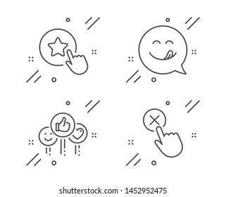 Like, Yummy smile and Loyalty star line icons set. Reject click sign. Social media likes, Emoticon, Bonus reward. Delete button. People set. Line like outline icon. Vector